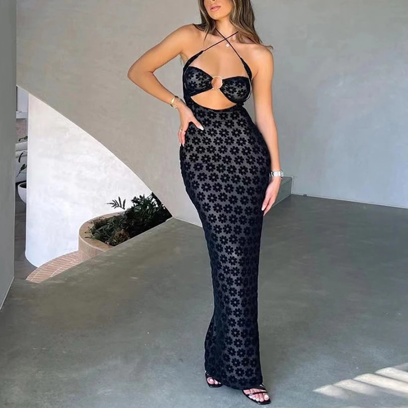 

Womens Summer Black Halter Maxi Dresses Sexy Mesh Cut Out 3D Florar Dress Long Tube Dress Female Street Beach Party Robe