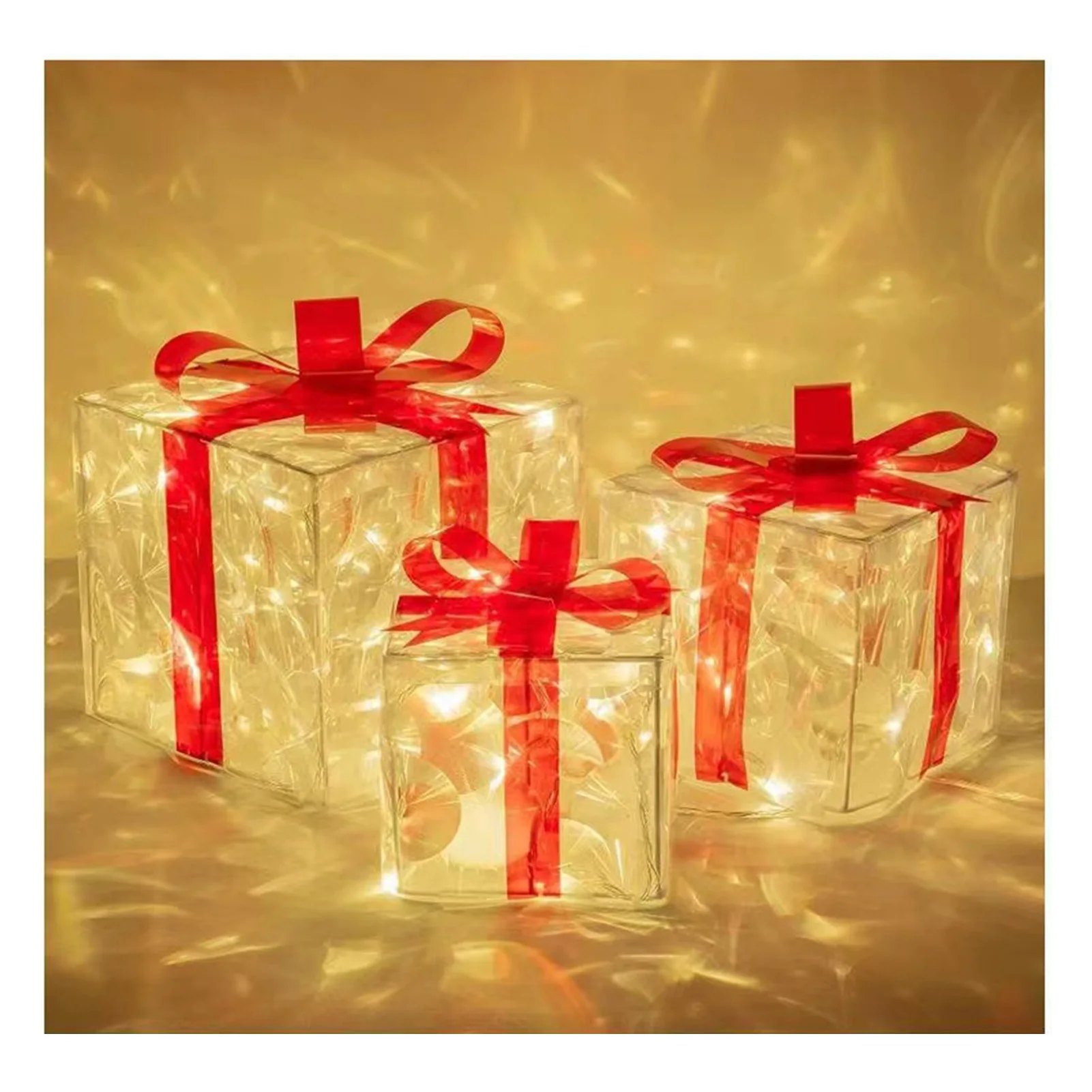 3 Set Christmas Decorations Lighted Gift Boxes Tinsel Present Box with Bowtie for Yard and Home Ornament Decor