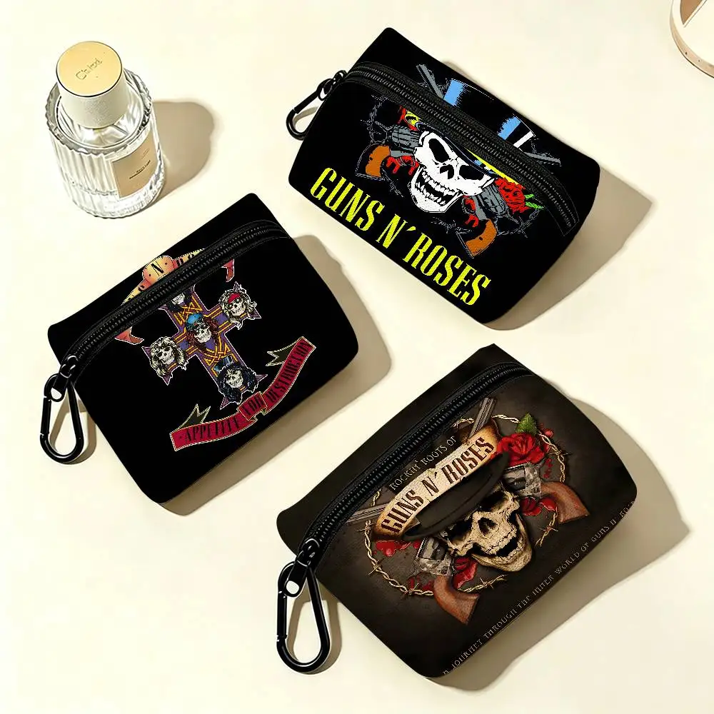 Rock Music Band G-Guns N R-Roses Compact Oxford Cloth Coin Purse Detachable Carabiner Hook Portable Key Card Organizer Pouch