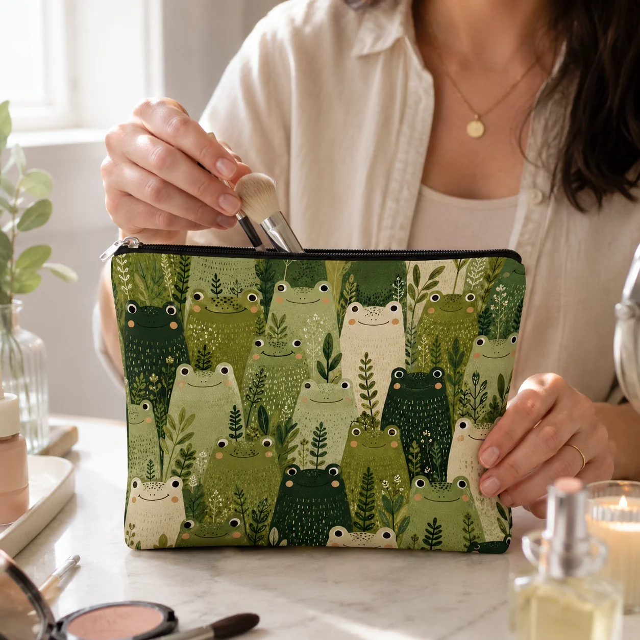 Cute Frog Forest Cosmetic Bag Green Botanical Frog‑Family Print Canvas Makeup Pouch Portable Travel Toiletry Storage Purse