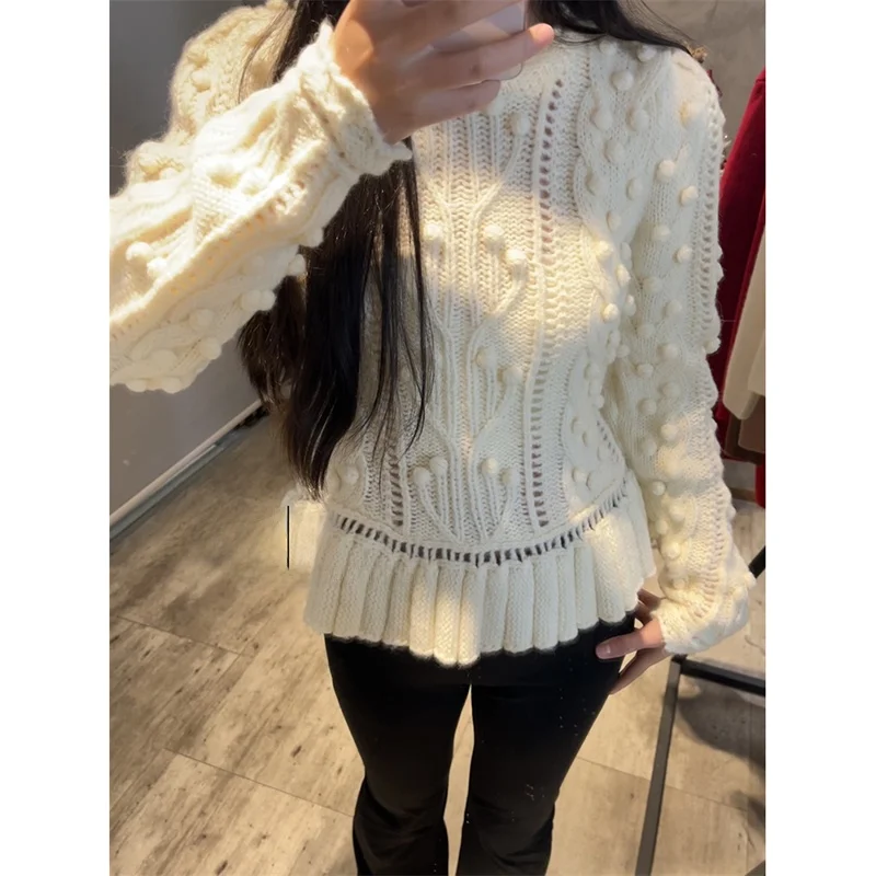 

Romantic Heavy-Work Handmade Ball Hook Lace Overhead Two-Color Sweater Women's Faion Autumn Winter Susan Love Clothing
