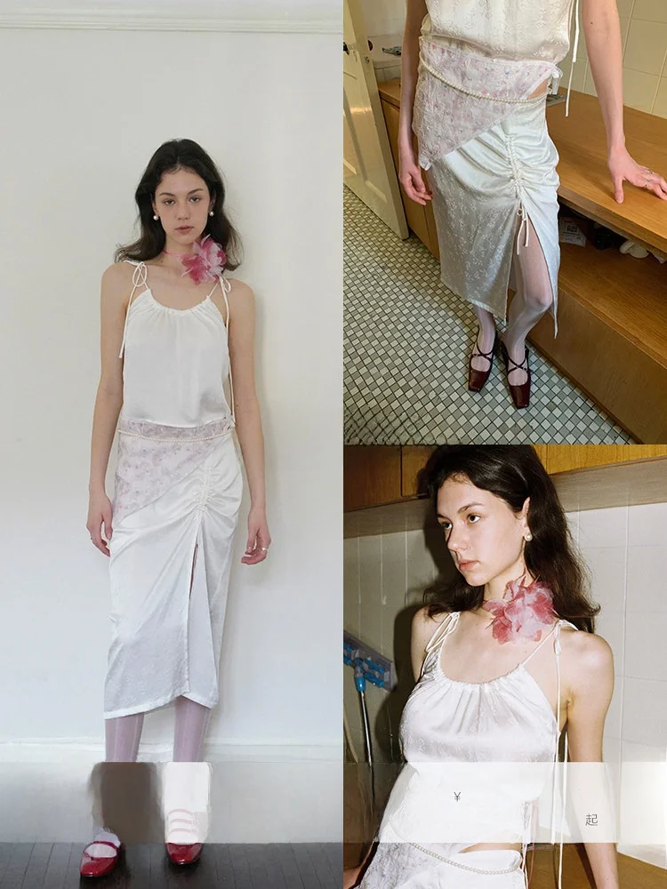 

New Chinese Style Silk Embroidered Fashion Set Strap Dress High Quality Two Piece Set CECI“Pine Moon White Bamboo”