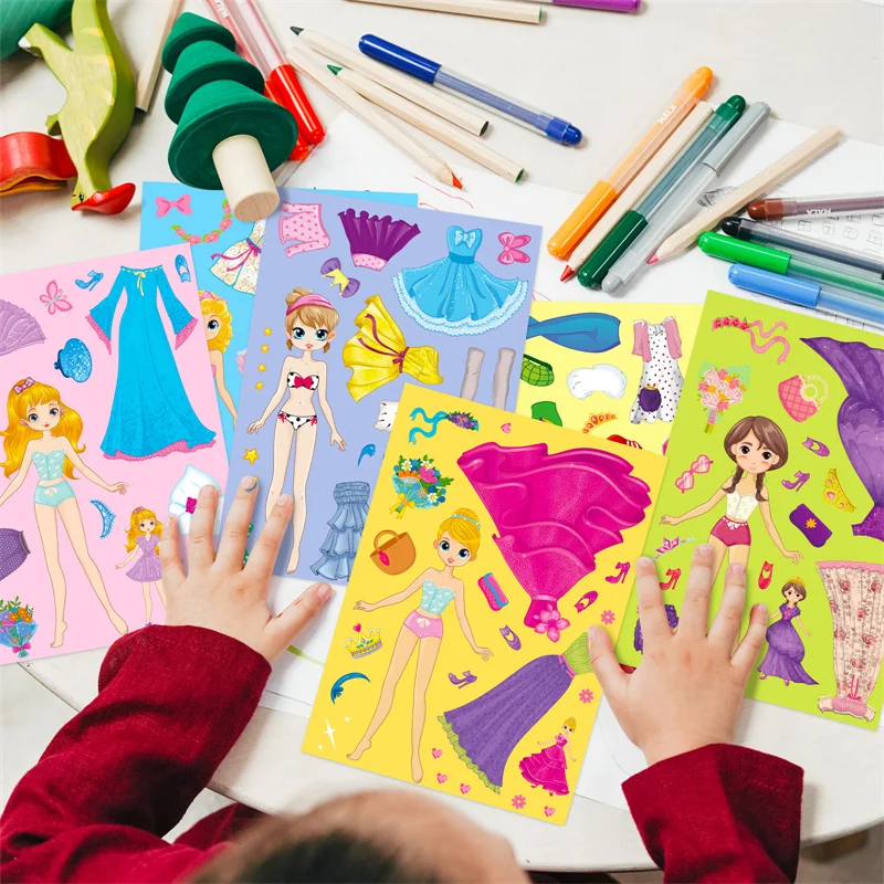 6-24Sheets Princess Dress-Up DIY Stickers for Kids Create-A-Face Sticker Pad Make Your Own Girls Puzzle Jigsaw Party Supplies