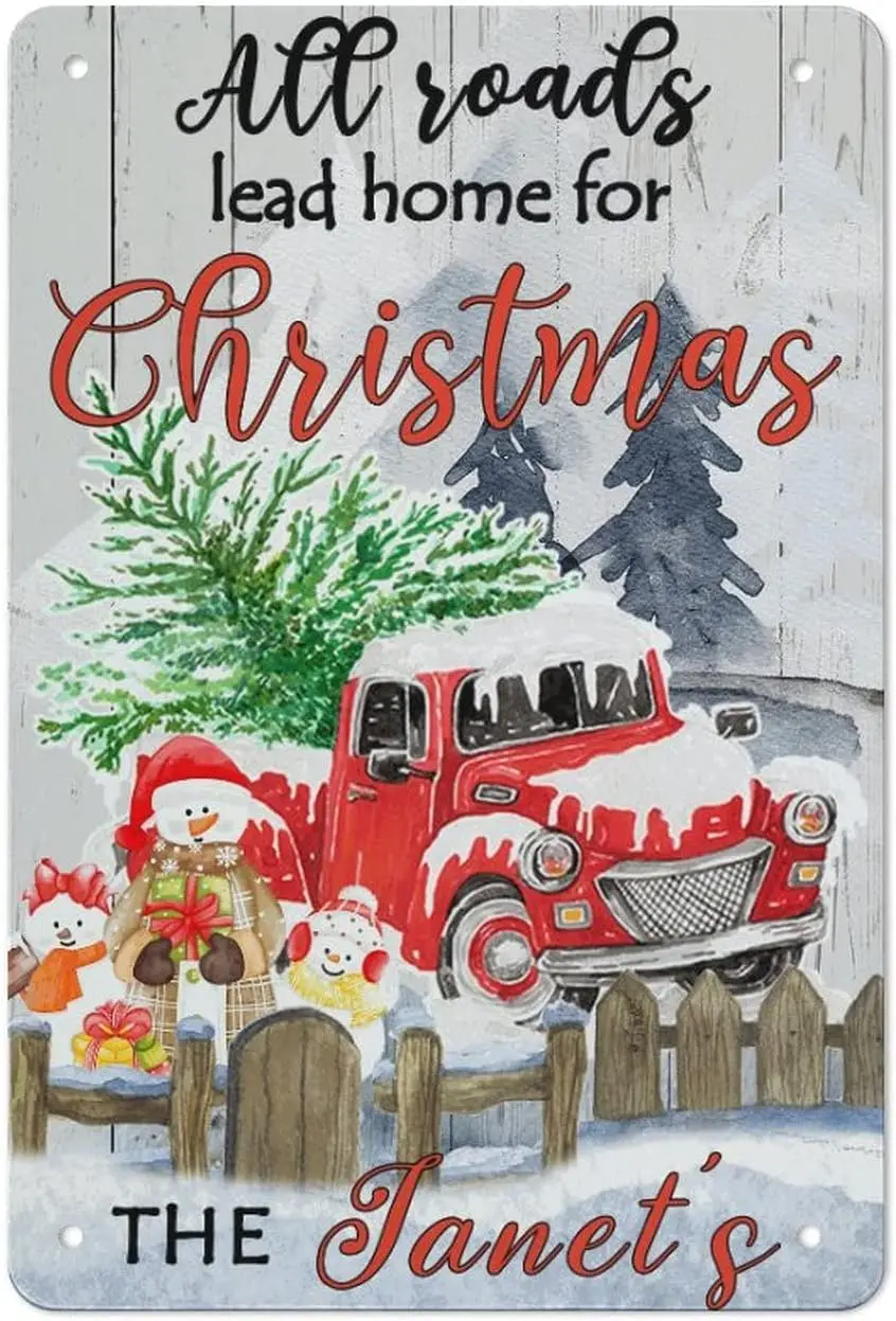 All Roads Lead Home Red Truck Snowman Tin Sign Snowman Lover Metal Tin Sign Christmas Snowman Sign Plaque Christmas Decor Wall S