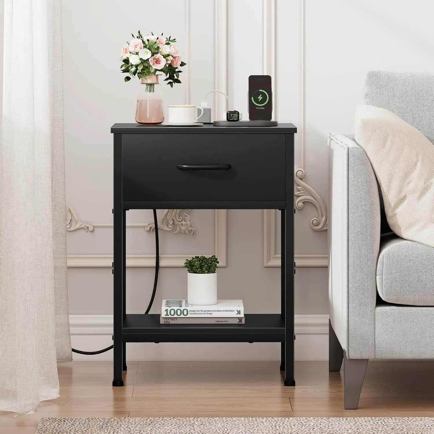Black Nightstand with Charging Station, End Table with Fabric Drawer