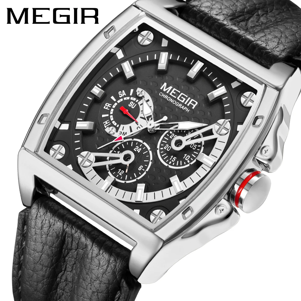 

MEGIR 2022 New Barrel-shaped Quartz Watch Men Military Sport Glow Waterproof Leather Strap Wristwatches 24-hour Date Week2204