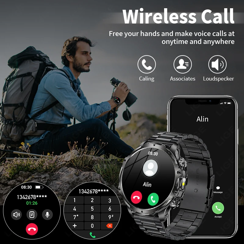 LIGE New GPS LED 700MAH Battery Sports Smartwatch Men 1.90'' HD Screen Heart Rate Blood Oxygen Health Smart Watch LED Flashlight