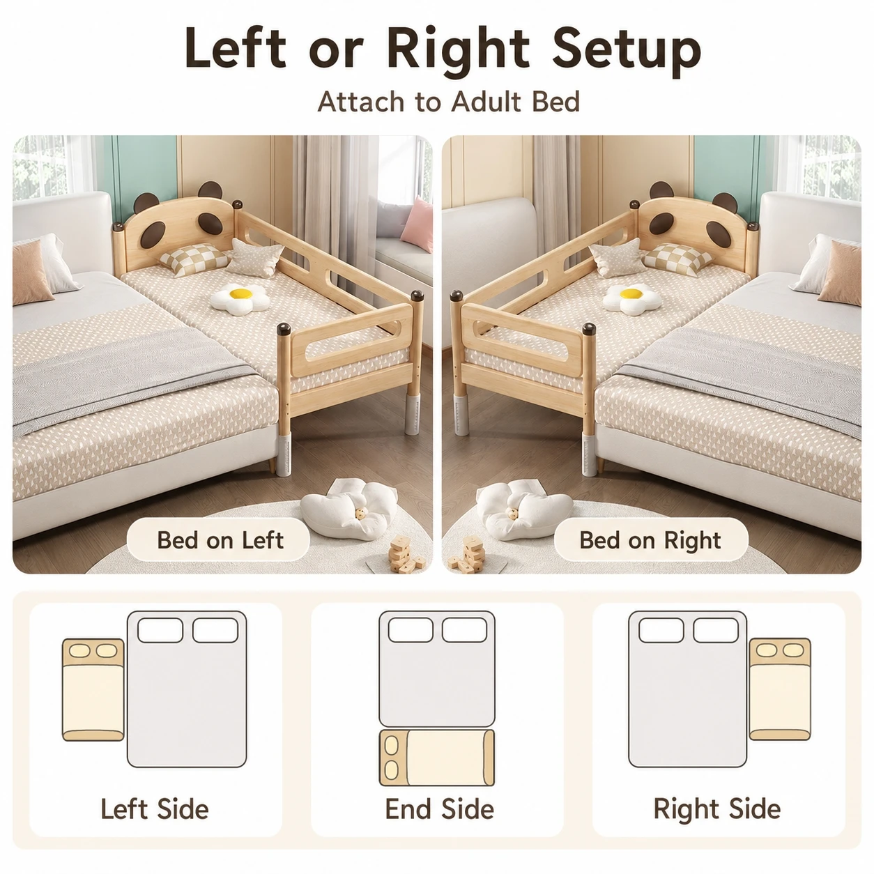 Solid Wood Kids Bedside Splicing Bed with Guardrail Toddler Bed Frame Height Adjustable with Mattress for Boys Girls