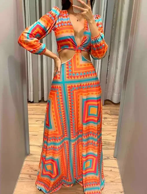 Color Block Geometric Pattern Sleeve Tape Long Dress Sexy Babes Women's Casual Summer Fashion Chinoiserie Retro Dresses