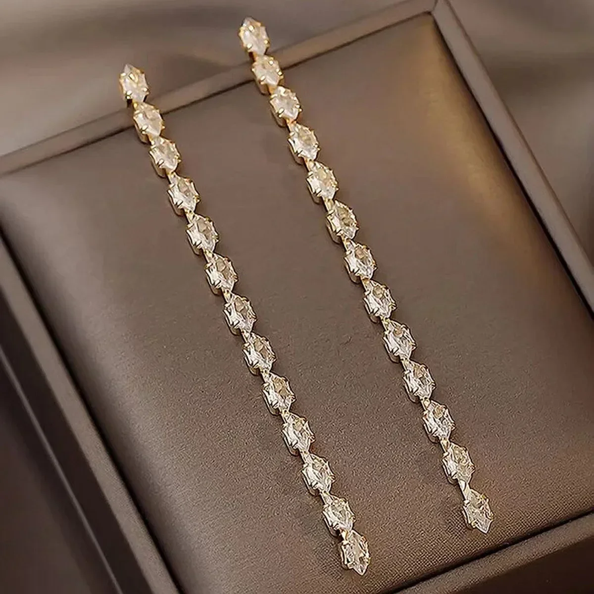 FYUAN Simple Geometric Zircon Crystal Earrings for Women Gold Silver Color Long Tassel Dangle Earrings Party Weddings Jewelry