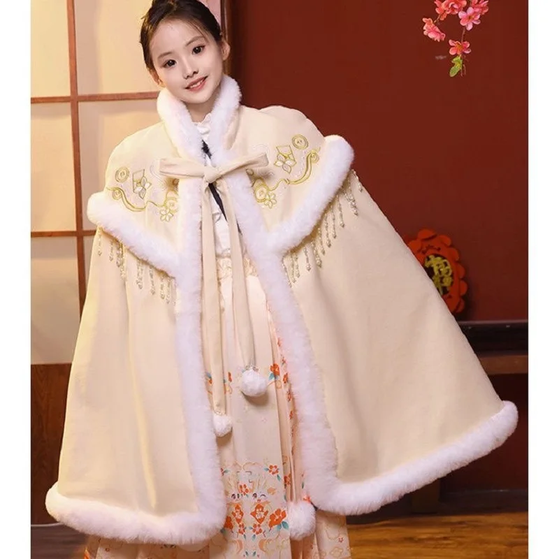 

Winter Floral Embroidery Cape Fringe Plush Cloak for Children
