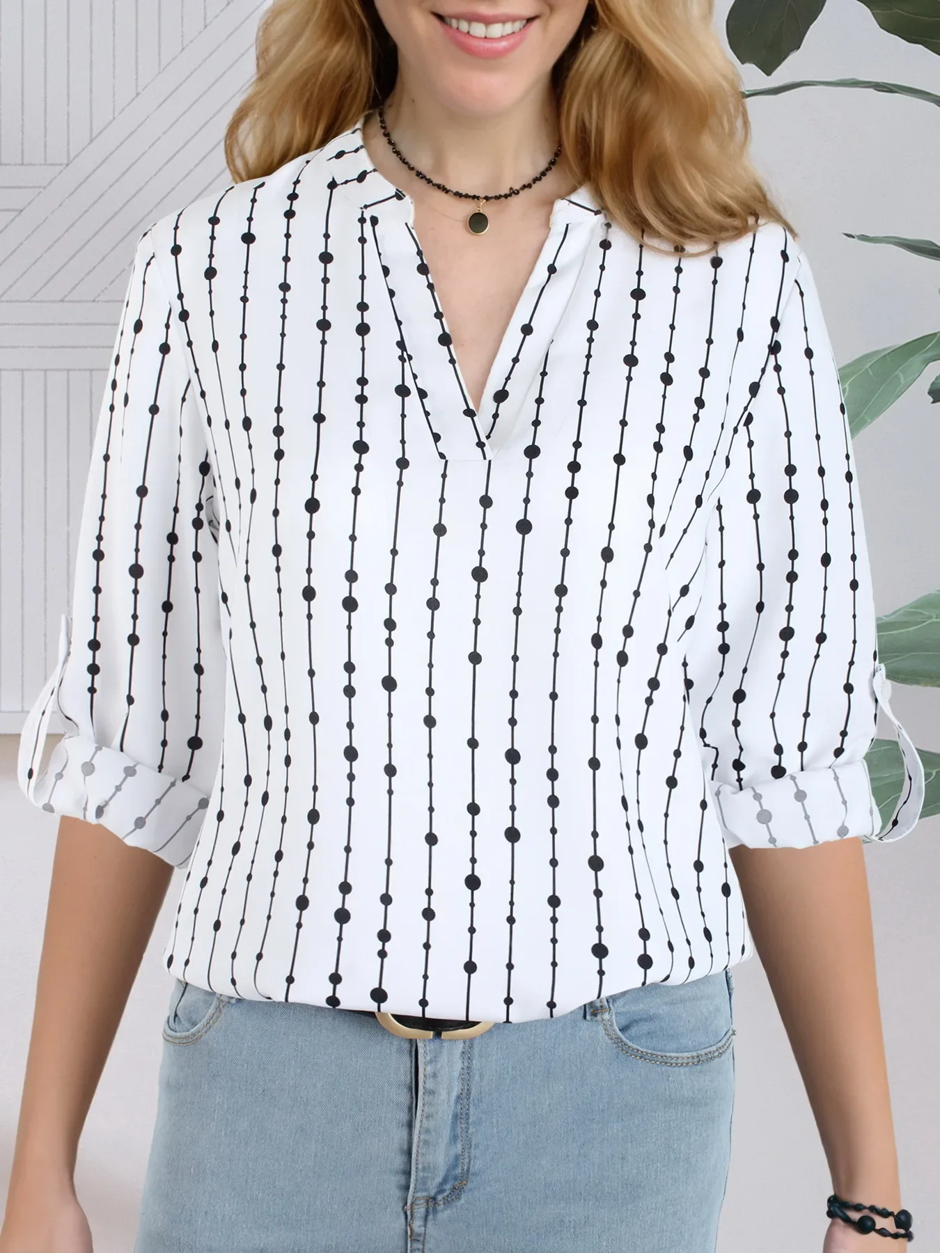 

Women Stripe Notched Neck Roll Tab Sleeve Blouse Ladies Tops Shirts