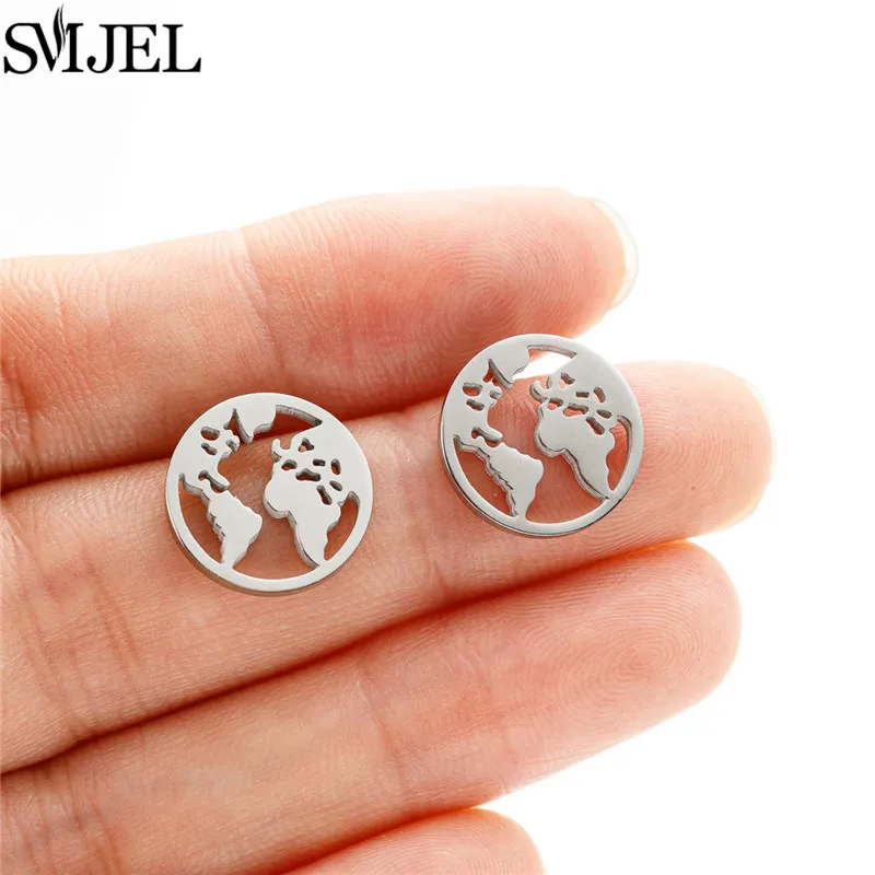 SMJEL Stainless Steel World Map Stud Earrings Black Punk Small Hollow Map Globe Earings Women Men Piercing Accessories Brincos