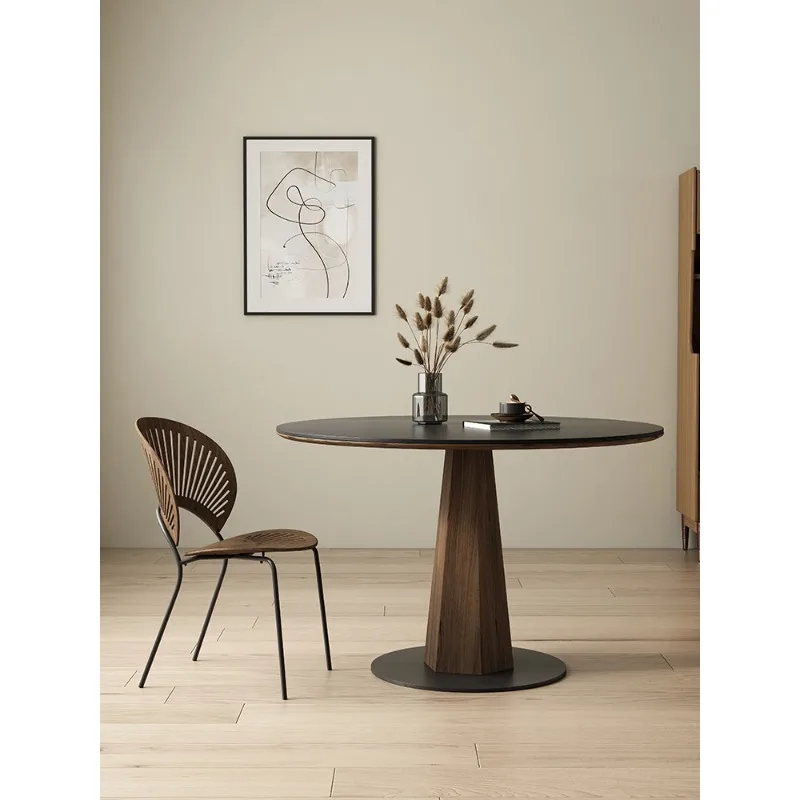 طاولة طعام مستديرة من الخشب الصلب، شقة صغيرة بسيطة، طاولة مستديرة سوداء نقية، جوز أسود قديم #1