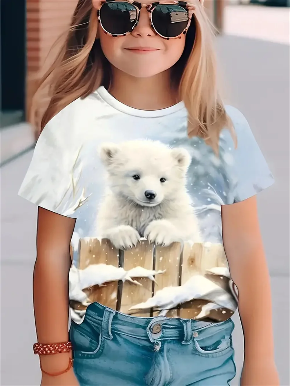 2025 Eisbär Tier 3D-Druck Mode Lustige Mädchen T-Shirts Sommer Kurzarm Tops T-Shirt Lässige T-Shirts Mädchenkleidung