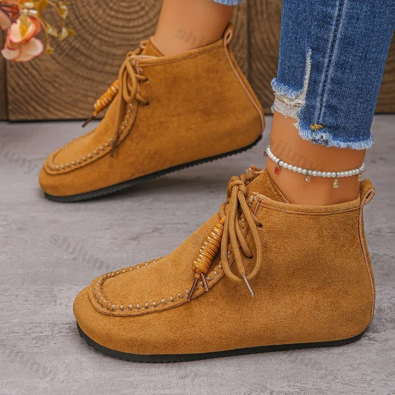 

Women Suede Short Boots Autumn Winter New Soft Sole Lightweight Comfortable Ankle Boots Fashion Cross Tied Non Slip Casual Flats