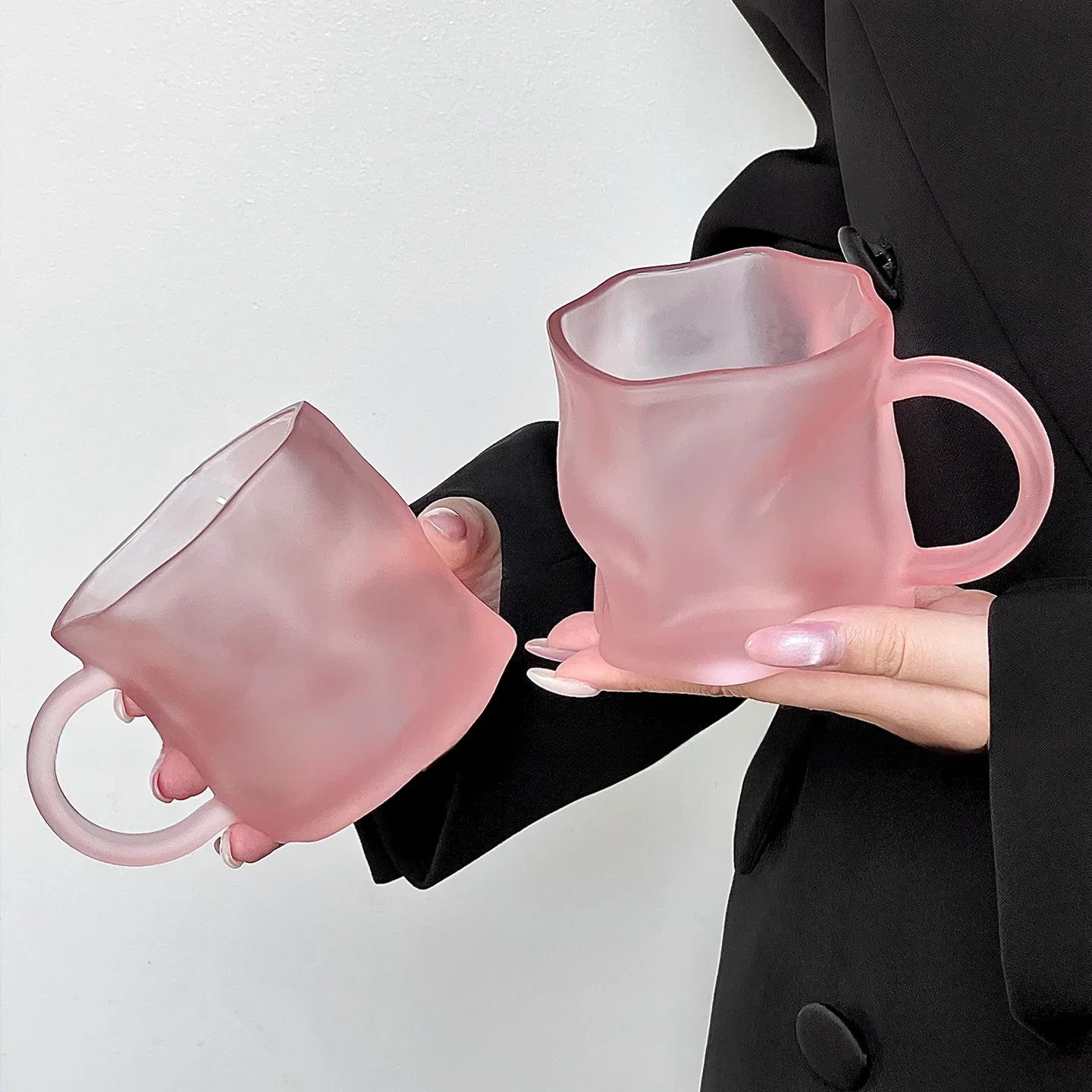 Frosted Glass Coffee Cup with Handle for Home Breakfast Beer Milk American Style Glass Cup Pink Color Single Layer Cup
