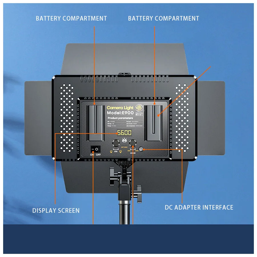 E900 Portable Video Recording Photography Panel Lamp ,55W LED Photo Studio Light for Tiktok Youbute Game Live Video Lighting