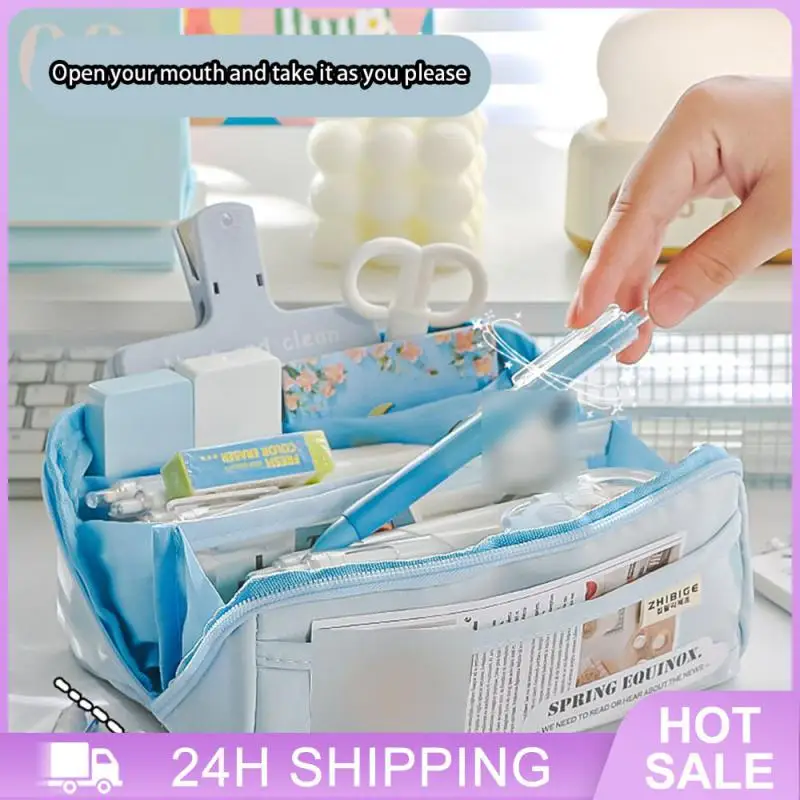 مقلمة ذات سعة عالية على الطراز الياباني بتصميم شفاف حقيبة تخزين أدوات مكتبية متينة ومقلمة بسيطة ضرورية