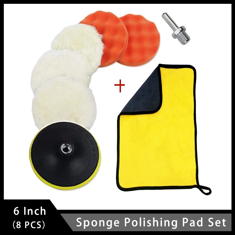 

6 Inch Sponge and Wool Polishing Pad Set 8 Pcs with M14 Drill Adapter for Waxing Polishing and Sealing Coating Waxes Glaze