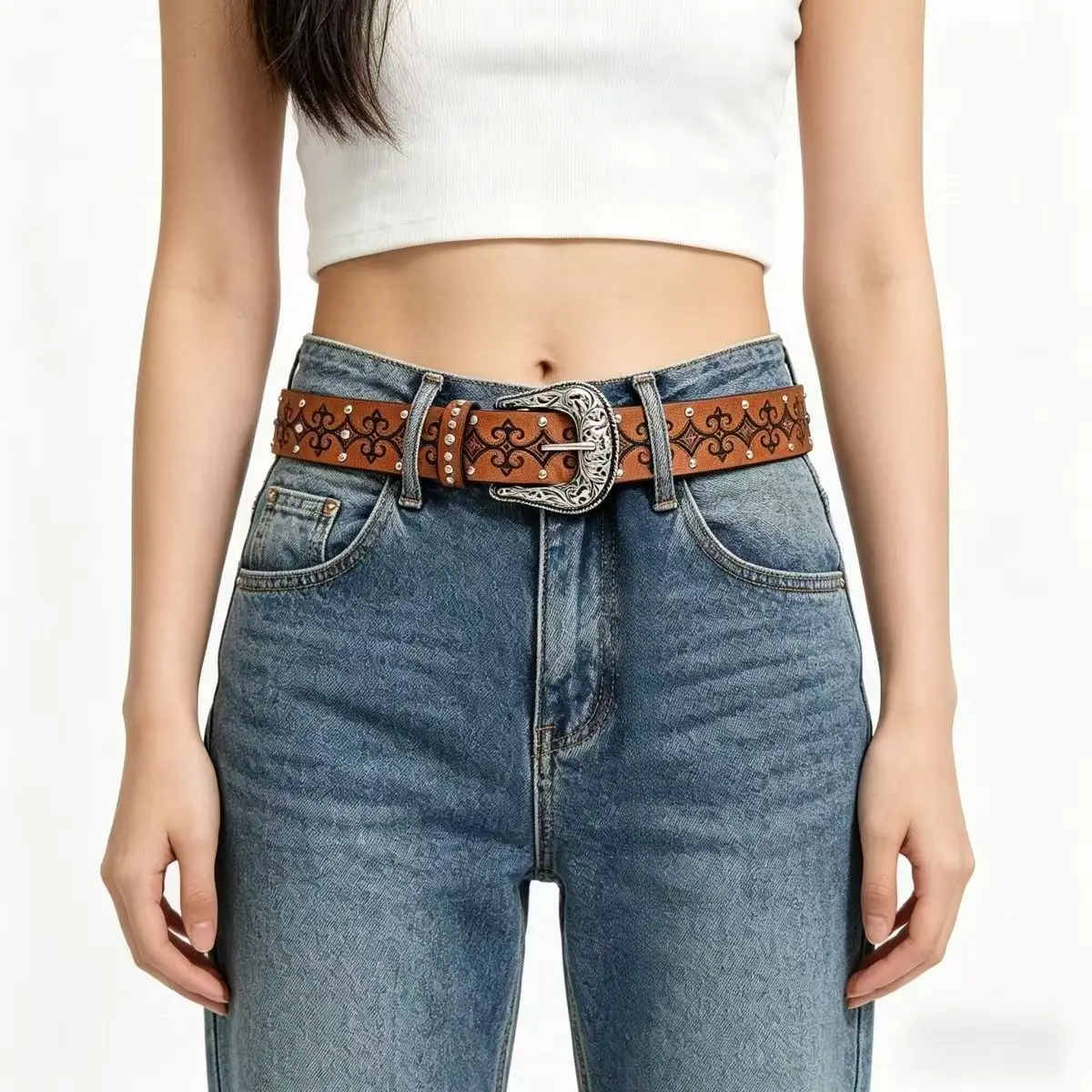 Vintage Western Embossed Pattern Pu Leather Belt, Fashionable Engraved Silver Cowboy-Style Buckle Belt, Niche Design with Rivet Decoration, Unisex Couple Belt