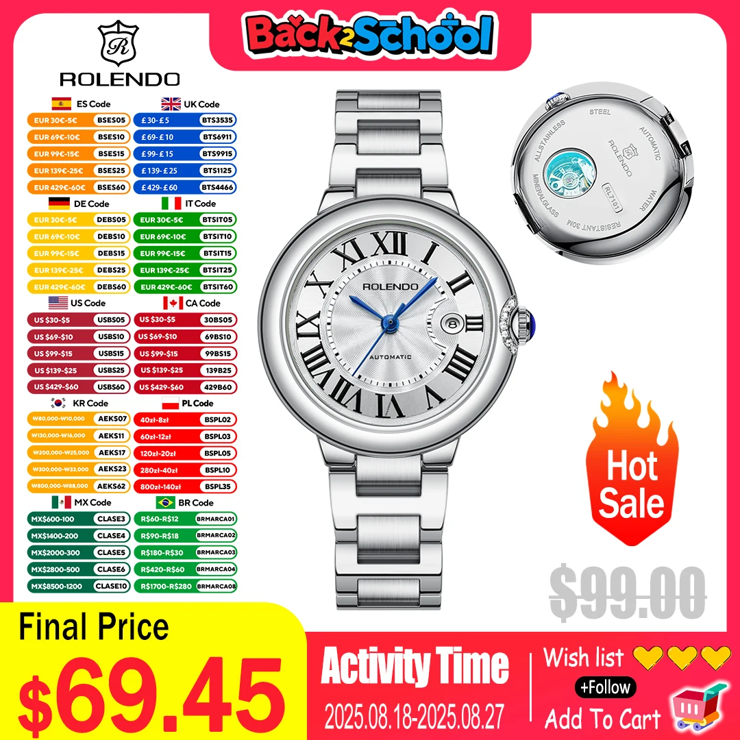 

ROLENDO Blue Balloon Women's Mechanical Watch 33mm Sapphire Glass Silver Stainless Steel Water Resistant 30M Date Display Luxury