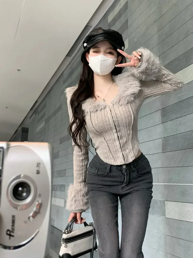 Cardigan court gris avec col en fourrure irrégulier, manches col en V, pull Sexy, hauts Pull, veste tricotée Chic rétro Y2k Zip, nouvelle collection