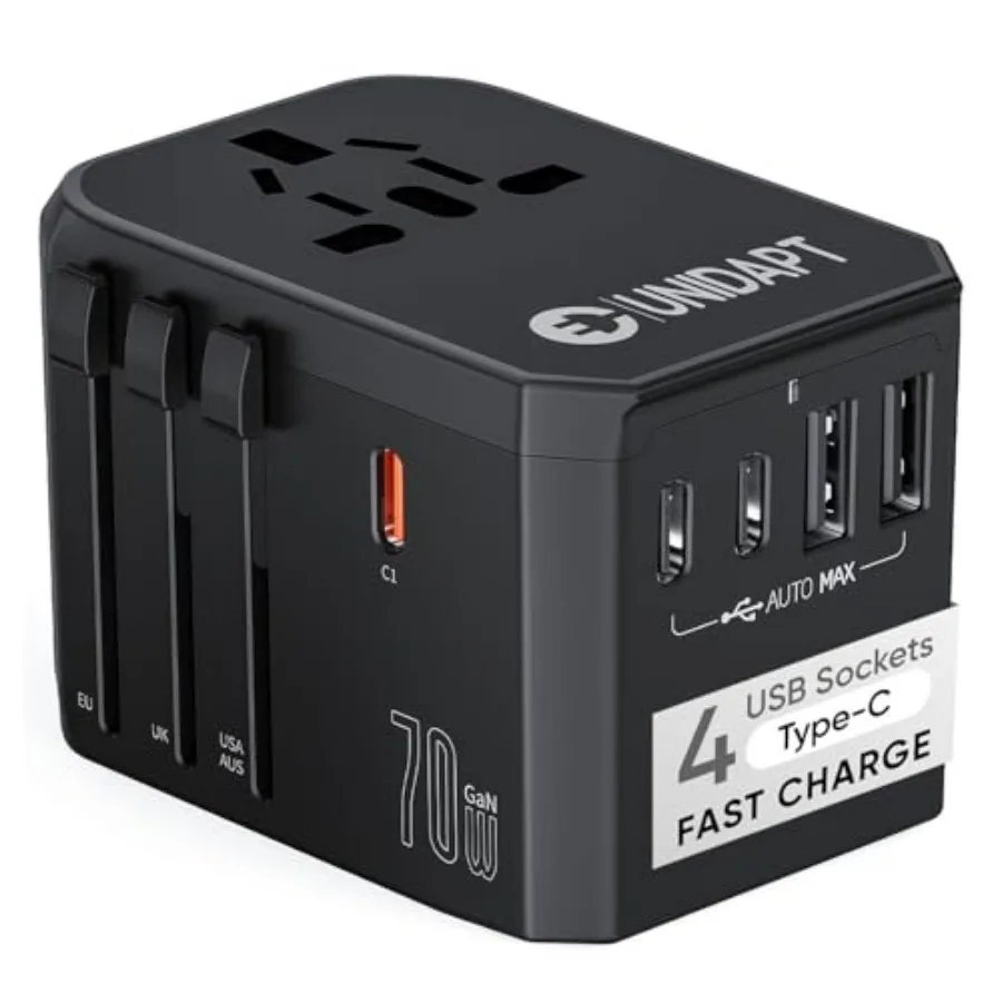

Универсальный адаптер для путешествий с 3 портами USB-C PD для быстрой зарядки и 2 портами USB-A для быстрой зарядки, международный адаптер для использования по всему миру.