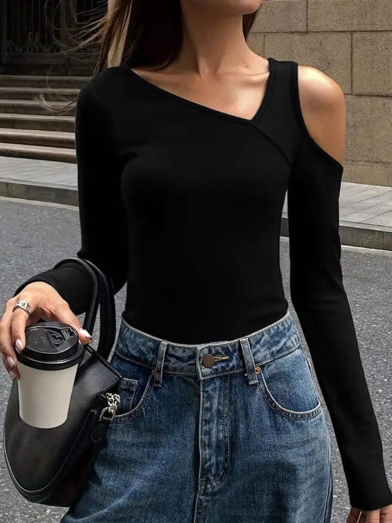 Damen Asymmetrisches Diagonales V-Ausschnitt Langarm-Oberteil Figurbetont Einseitig Freiliegende Schulter Basis-T-Shirt mit Schlankheitseffekt – Detail 3