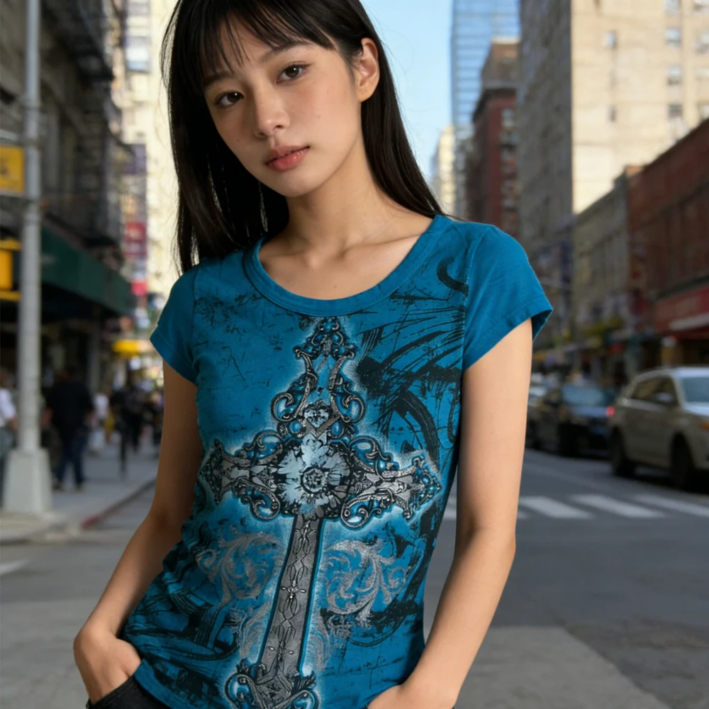 Estetica Harajuku Stampa grafica Manica corta Top Moda Retro T-shirt Vintage Grunge Streetwear Estate Tempo libero Blu Tee 2000s