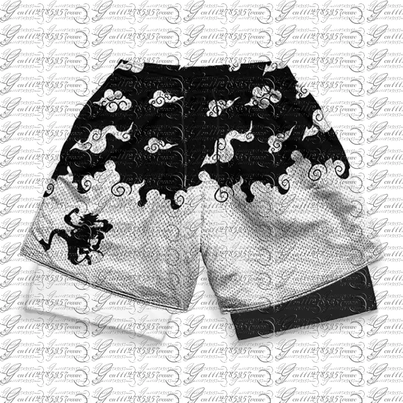 

Bandai One Piece Character Symbols Anime Print Double Layer Fake Two Piece Gym Workout Shorts Summer Quick-dry Comfy Lightweight