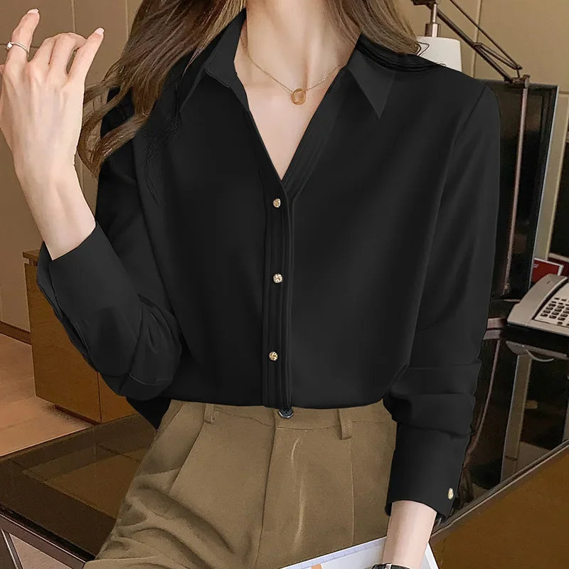 

2024 Spring Summer New Polo Collar Women Long Sleeved Shirt Simple Solid Color Female Office Blouse