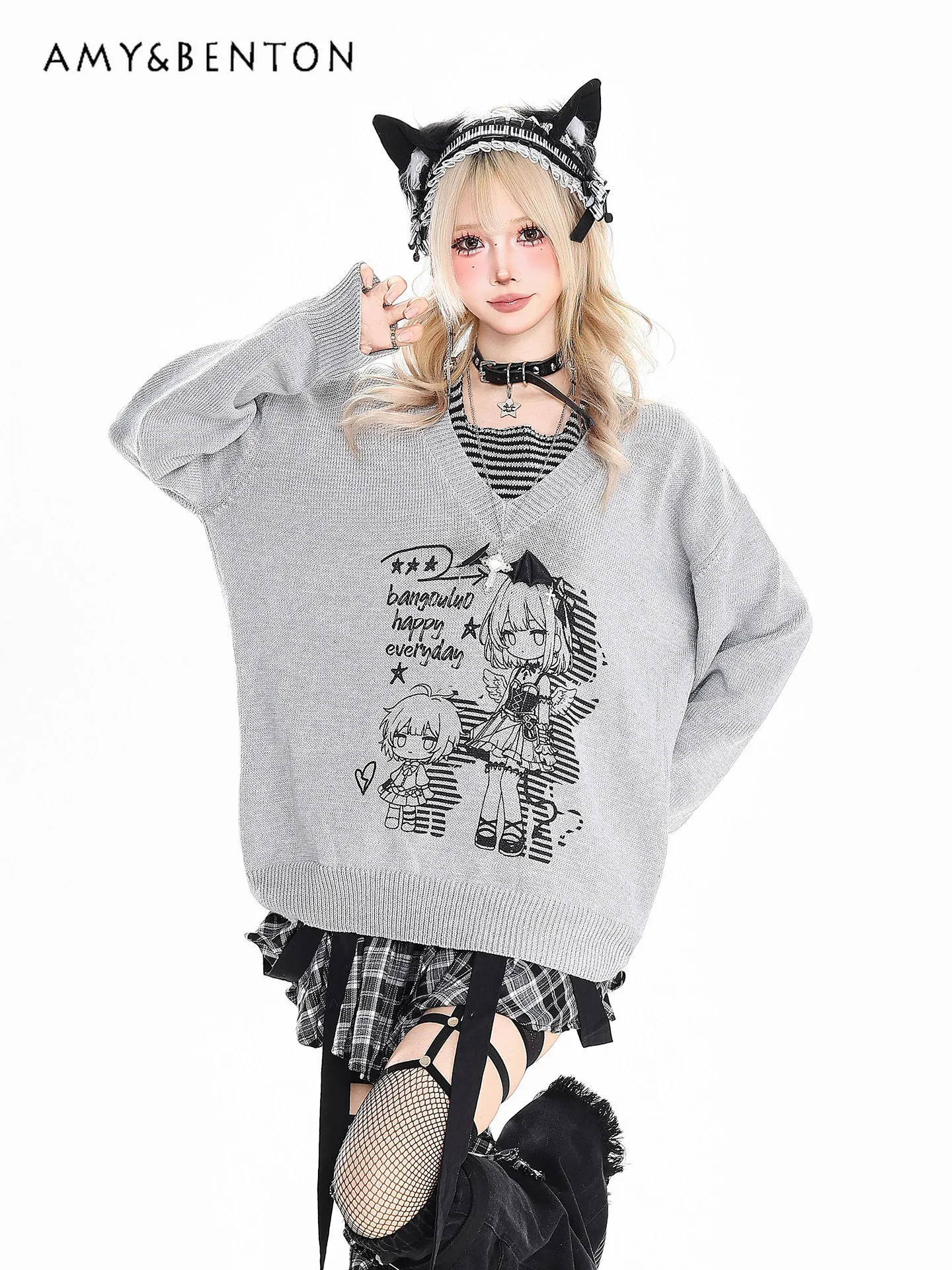 

Новая женская толстовка в японском стиле с мультяшным принтом и надписями, свободного кроя, серая/черная, для весны и осени