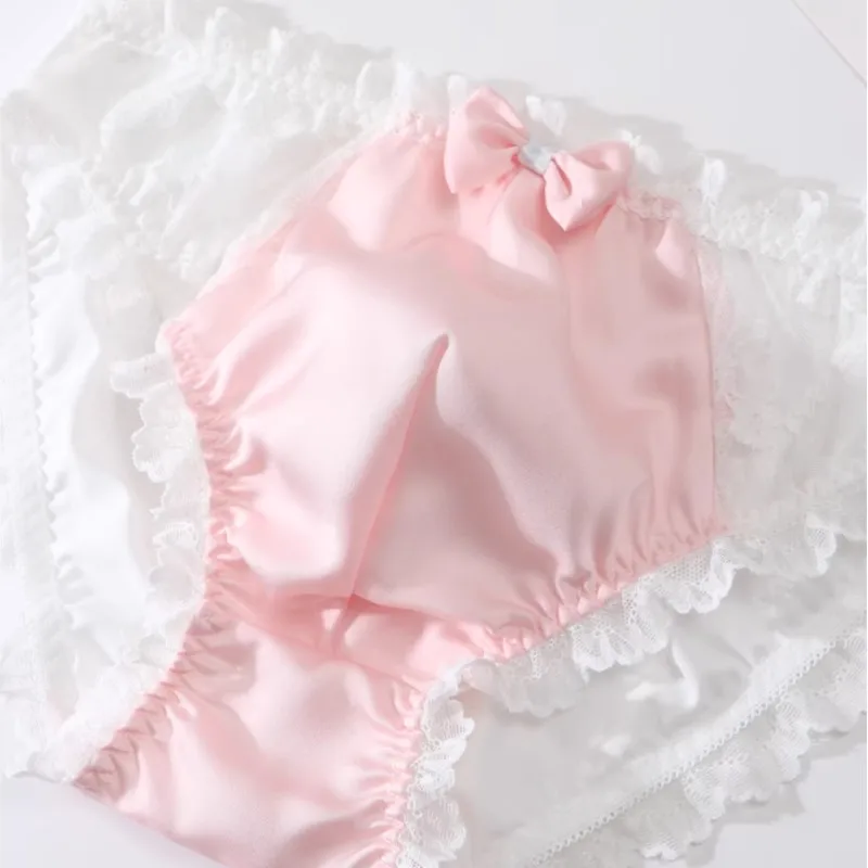 Japanese-style Sweet Pink Bow Lace Mesh Cross dressing Underwear Men's Convex Pouch Panties Lace Trim Mid Waist Sissy Lingerie