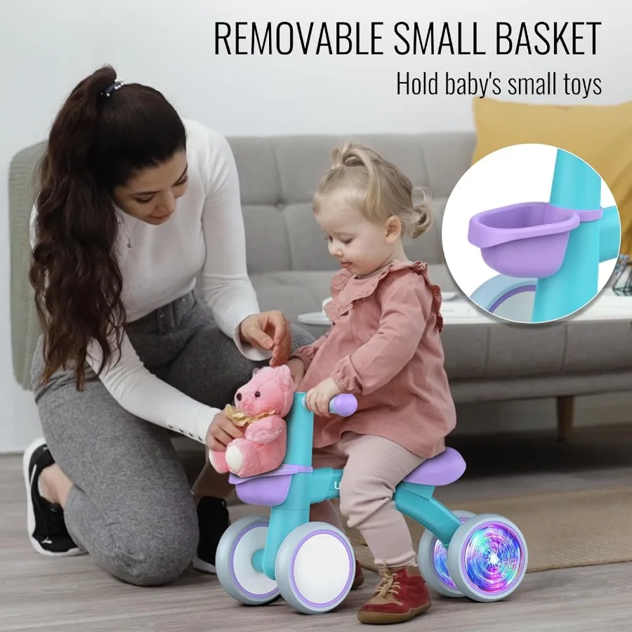 Juguetes de bicicleta de equilibrio para bebés con iluminación colorida, regalos para niños de 1 año, andador de asiento ajustable, regalos de cumpleaños para niños de un año