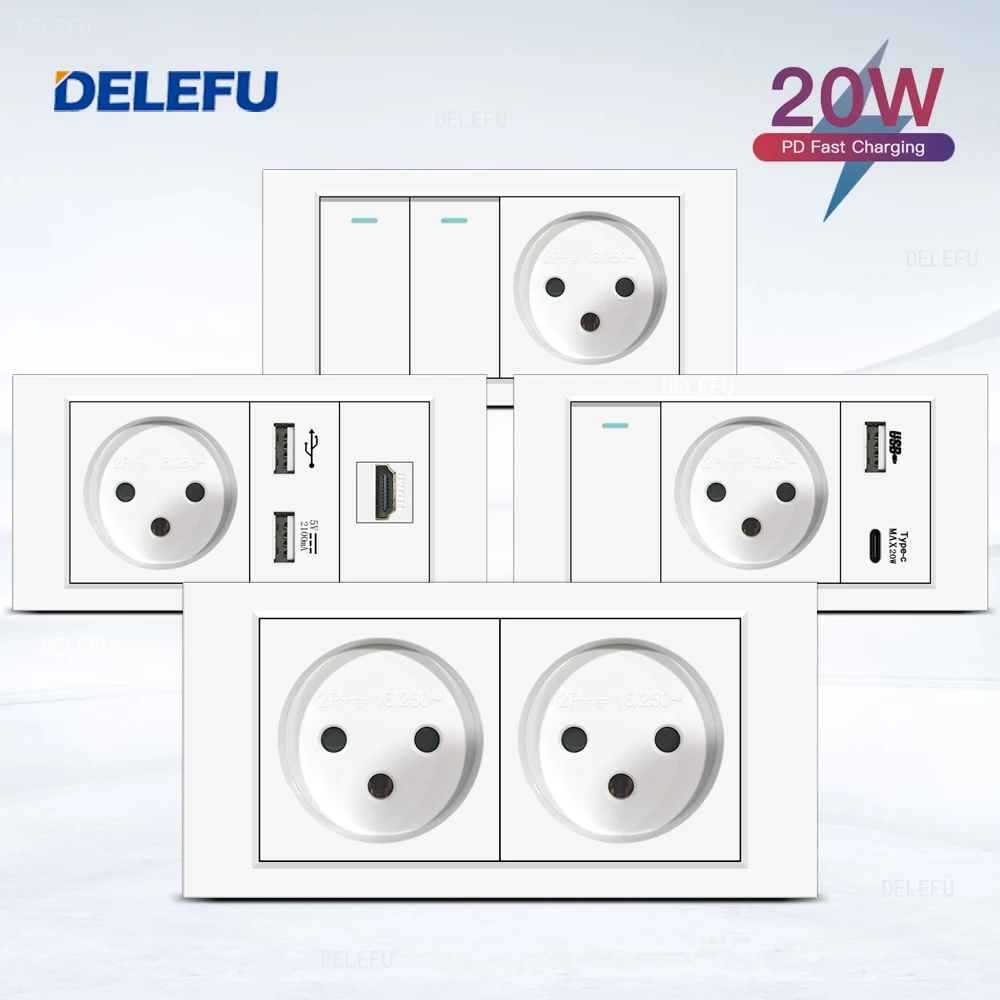 DELEFU Flame Retardant SC31 Panel 145mm White Israeli Standard USB Type C Fast Charging Wall Socket Switch TV Tel CAT5 CAT6