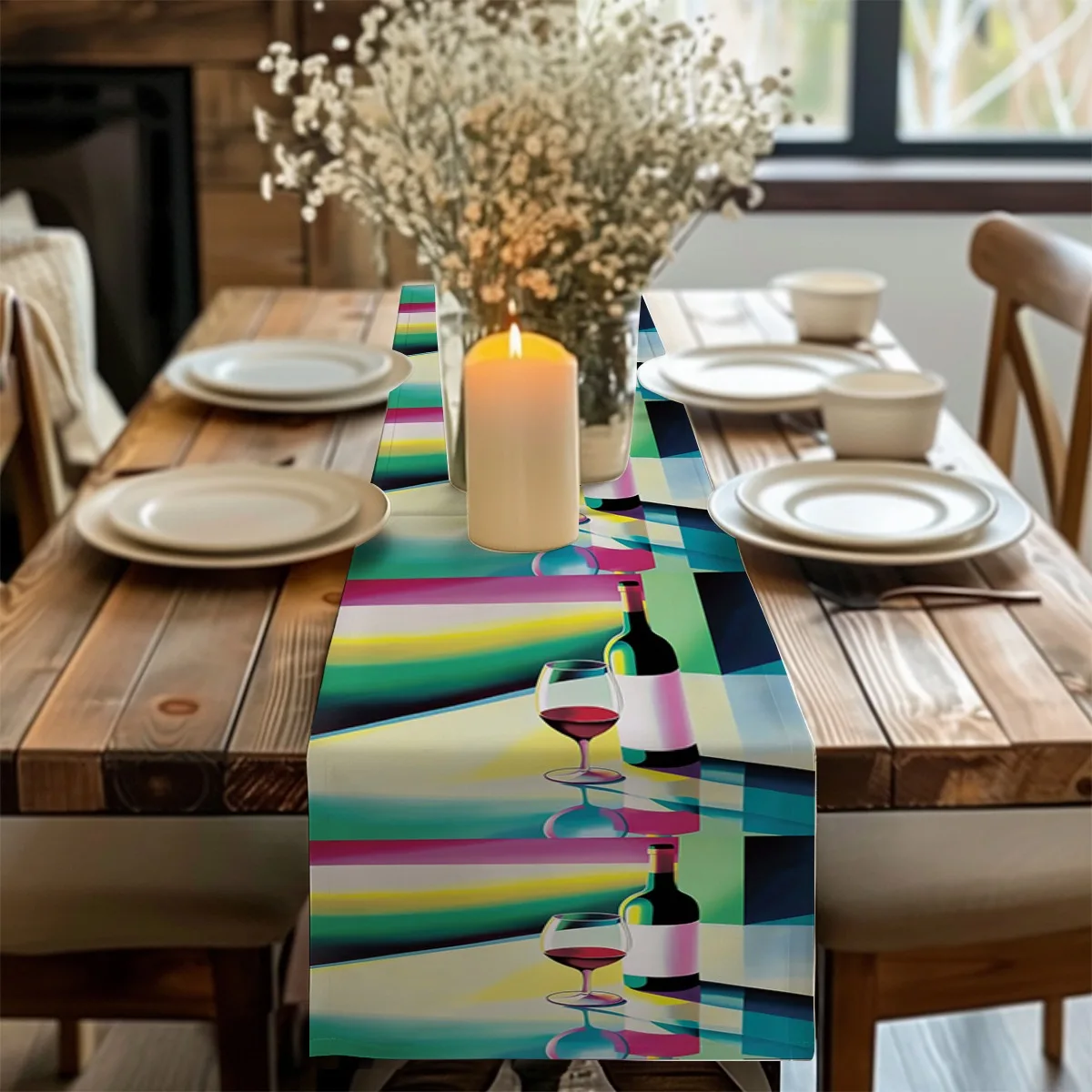print table runner Abstract Wine Bottle and Glass Geometric Print Long cloth for Weddings Elegant Home Decor accessories,home Du