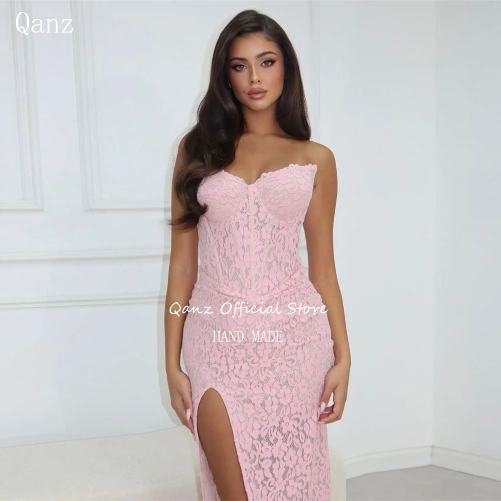 

Qanz Полные кружевные вечерние платья с высоким разрезом Розовые Vestidos De Fiesta Elegantes Милая Русалка Свадебные платья для гостей по индивидуальному заказу