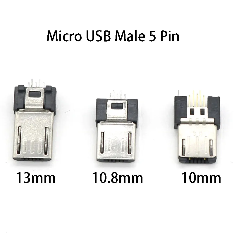 2PCS MICRO USB 5P plug 10 10.8 13MM Vertical Micro USB Male V8 clamp 7.0 5-pin mini vertical straight insertion180 Degree DIP