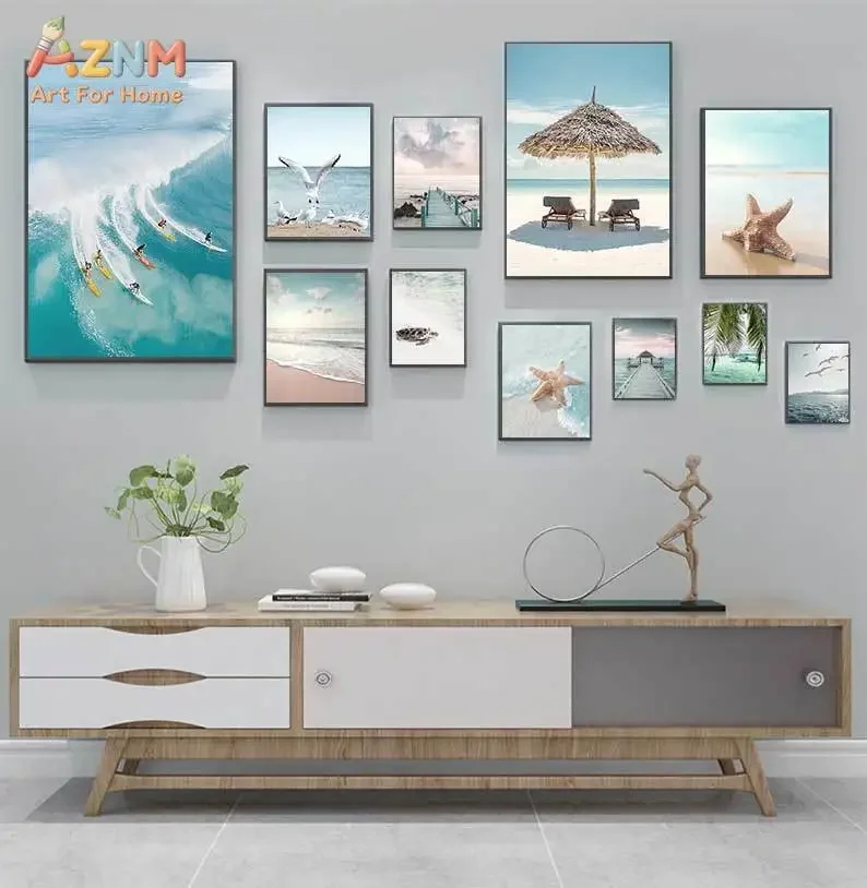 AZNM Frameless Canvas Poster Tropical Beach Ocean Print, Surfboard Seagull Starfish Seascape Landscape Wall Picture for Living R