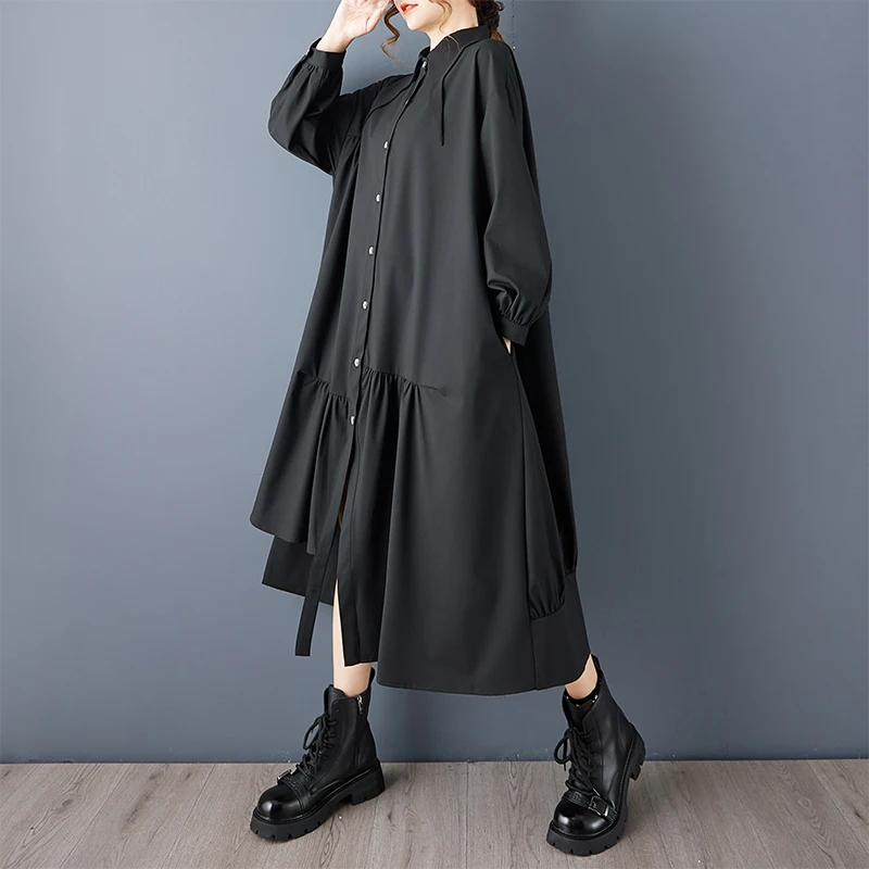 فستان ربيعي أنيق بتصميم غير منتظم وخصر فضفاض يُظهر النحافة، مقاس كبير، فستان قميص بطول الركبة مع أزرار #5