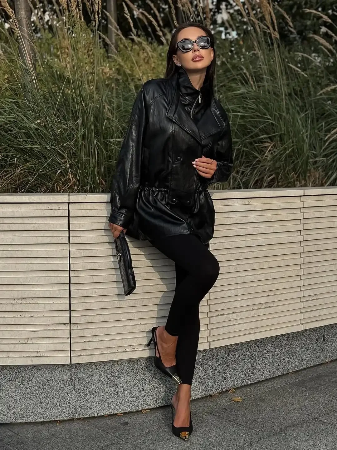 Women Vintage Black Midi Leather Jacket Fashion Stand Collar Double Breasted Zipper Loose Jackets 2026 Lady Daily Street Coat