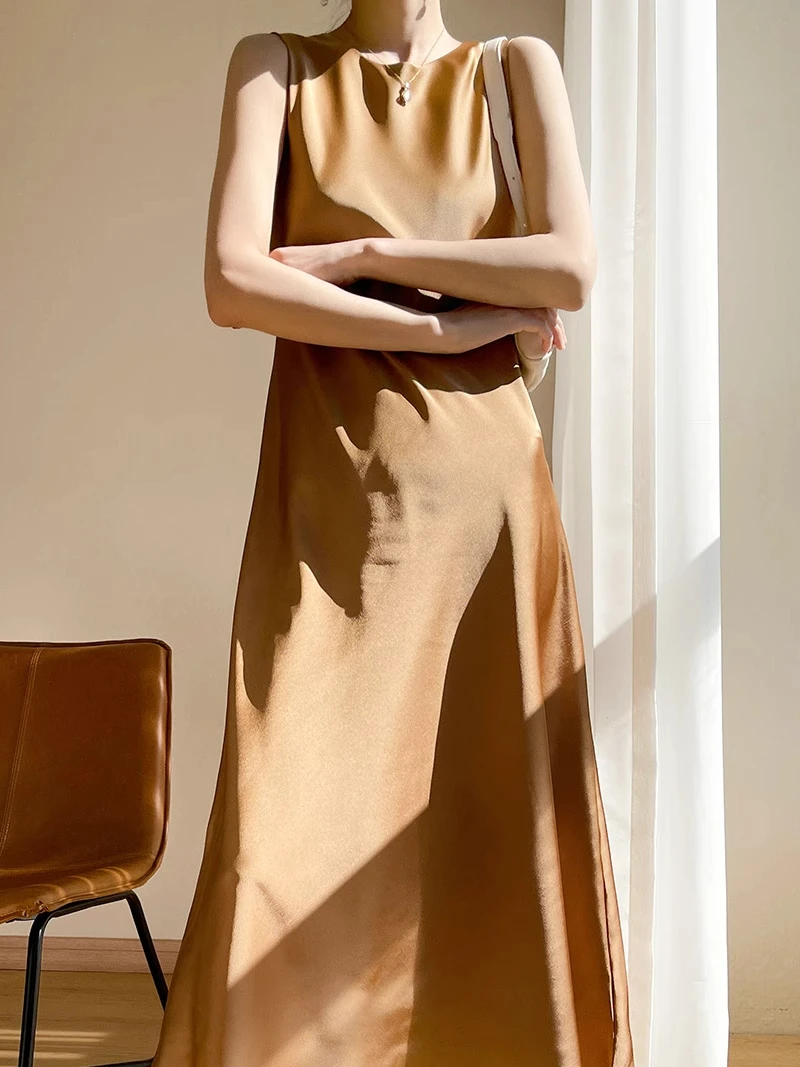 Spring Summer Suit Inner Tank Dr Women Loose Silk Satin Vest Skirt Knee High Waist Slim Long Dr Commute Simple Sle