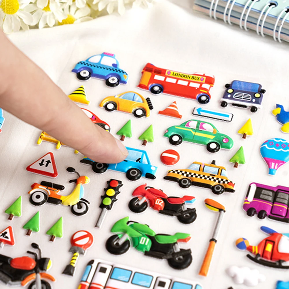 6 Arkuszy Naklejek 3D z Bąbelkami Samochód Ciężarówka Dinozaury Zwierzęta Morskie Kreskówkowe Naklejki Wodoodporne Zabawne Edukacyjne Naklejki Zabawki dla Dzieci