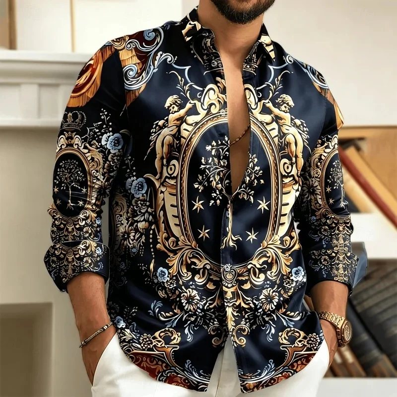 Men's Luxury Baroque Print Long Sleeve Shirt, Vintage Royal Ornate Pattern , Casual Button Down for Spring & Summer