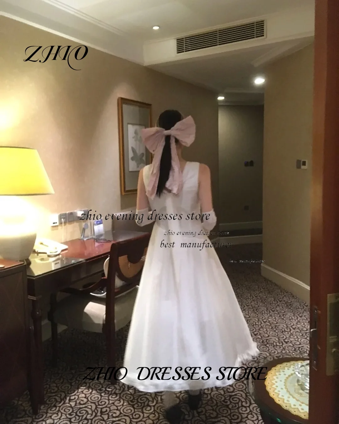 ZHIO Elegant White Ruffle Korean Wedding Dress Chiffon Round Neck Sleeveless Customized Trailing Length Fit Wedding Engagement