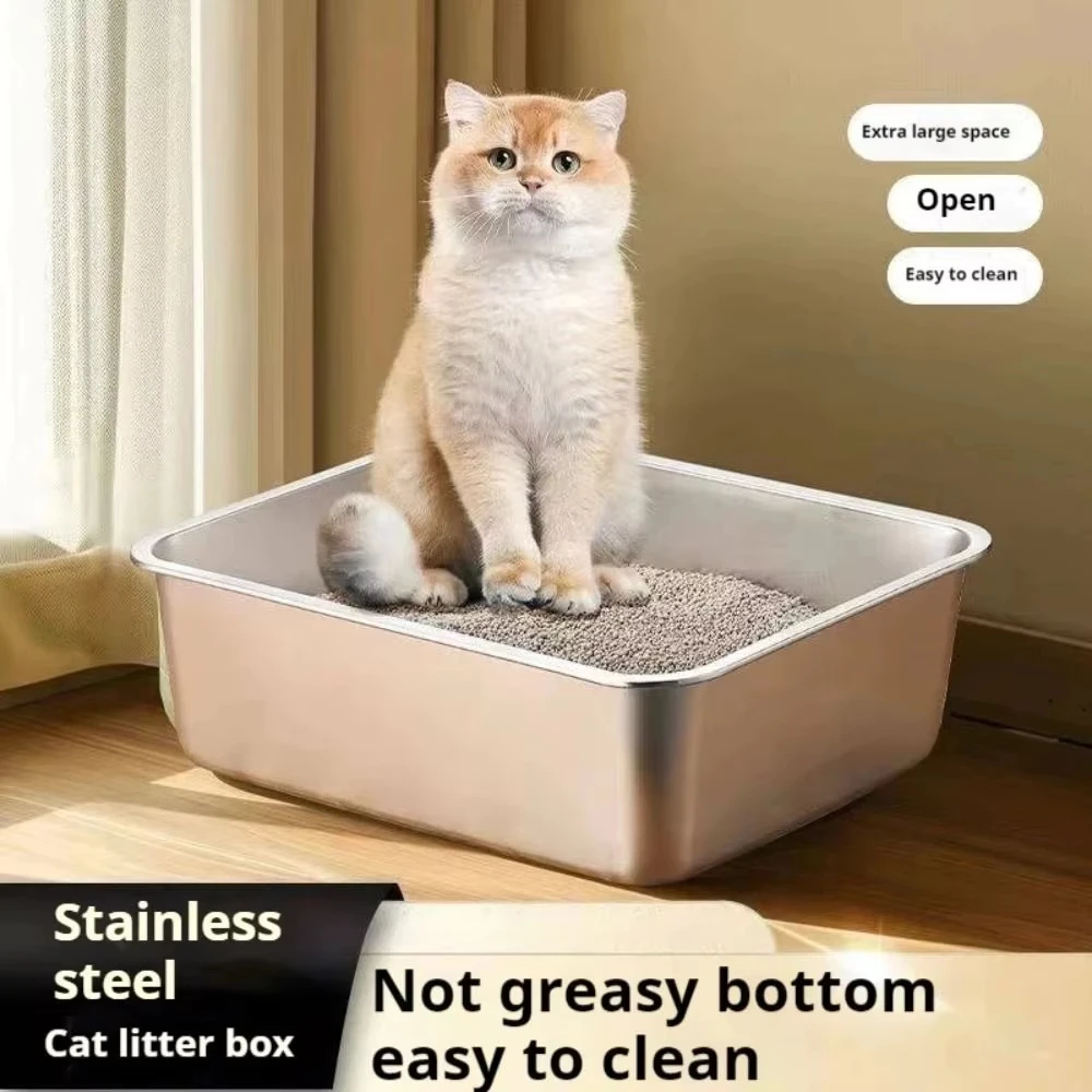 

304 Stainless Steel Cat Litter Box Indoor Large Stainless Steel Litter Tray Metal High Sided Cat Pan Pet Cat Cleaning Supplies