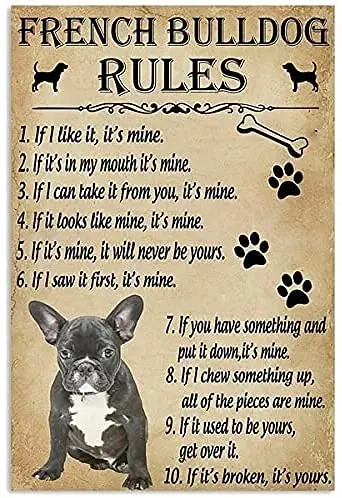 Lustiges Blechschild „Rules for Your Dog“, französische Bulldogge für Hundeliebhaber, Vintage-Metallschild, Geschenk, Schlafzimmer, Retro-Neuheit, Café-Shop, Blechschild