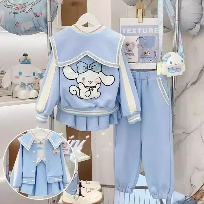 

Cute Sanrio Cinnamoroll Sweatshirt Set Kawaii Cartoon Children Baseball Uniform Jacket Pleated Skirt Trousers Autumn Trend Suit