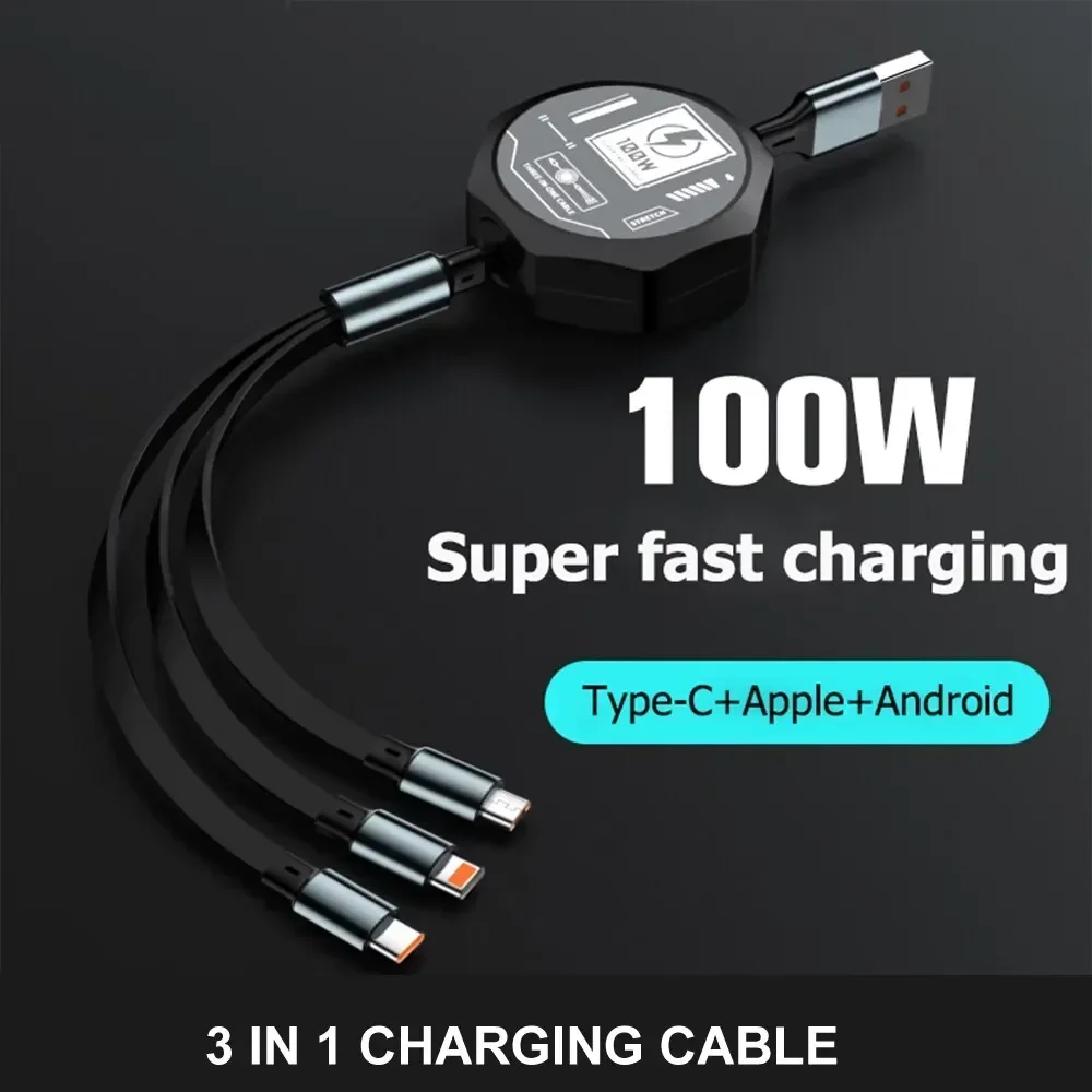 100 W 3 in 1 einziehbares USB-Kabel Schnellladung und Daten Micro-USB Typ C für iPhone 15 14 13 Pro Max Android-Telefon Xiaomi-Kabel